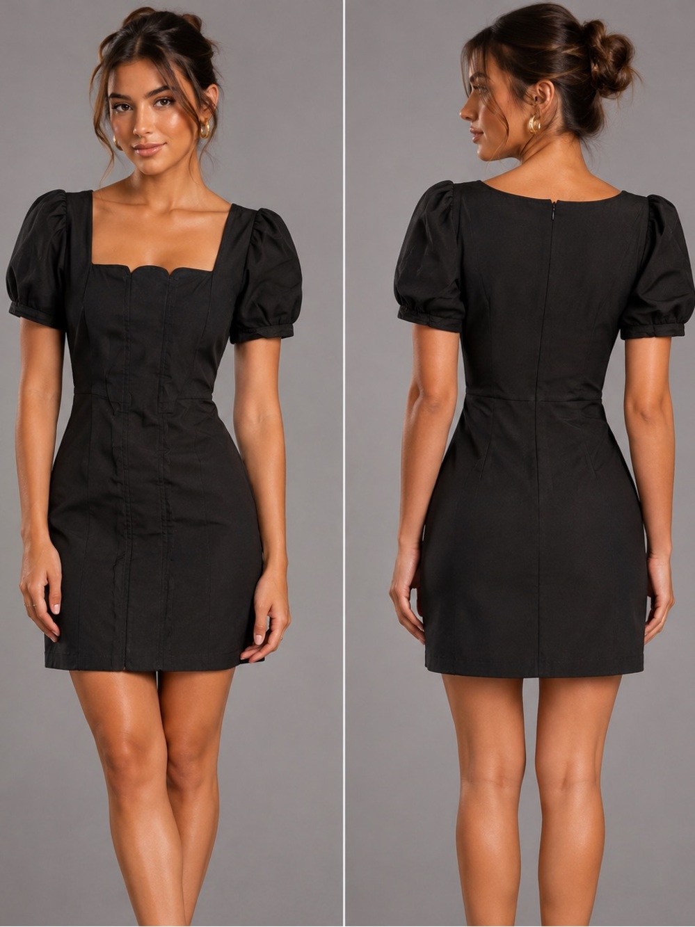 BOHME Black Square Neck Puff Sleeve Mini Dress Scalloped HOCO Milkmaid M